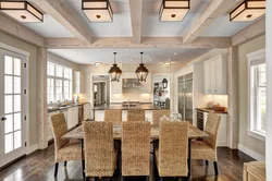 Living room kitchen design with beams