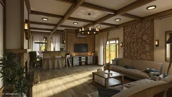 Living room kitchen design with beams