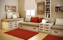 Дызайн спальні з двума канапамі