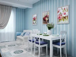 Blue wallpaper with flowers in the kitchen photo