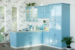 Blue Wallpaper With Flowers In The Kitchen Photo