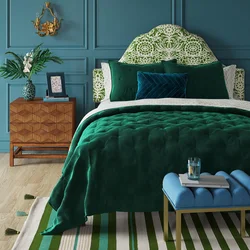 Emerald bed in the bedroom interior photo
