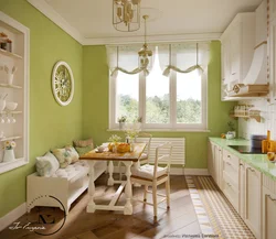 Kitchen with green wallpaper design photo