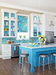 Blue kitchen with yellow photo