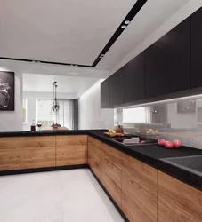 Черно белая кухня с деревянной столешницей фото