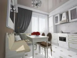 Modern kitchen design with sofa and TV