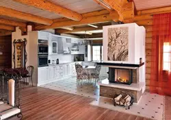 Living room in a wooden house with a stove photo