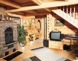 Living Room In A Wooden House With A Stove Photo