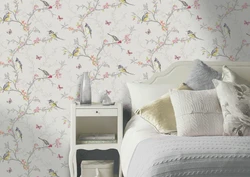 Wallpaper with birds in the bedroom interior