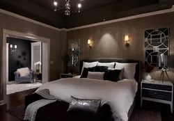 Bedroom Interior With Dark Wall Near The Bed