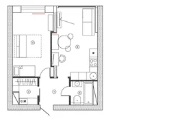 Design of 1 room apartment 38 sq m with kitchen