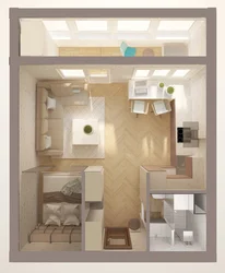 Design of 1 room apartment 38 sq m with kitchen