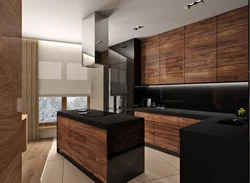 Wood Kitchen With Black Countertop Photo