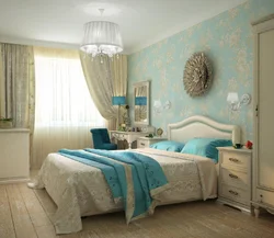 Bedroom interior in blue and beige tones