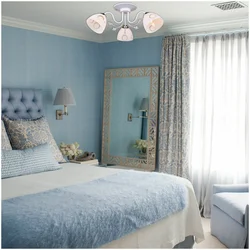 Bedroom interior in blue and beige tones