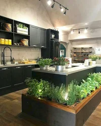 Modern kitchen interior with flowers
