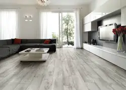 Living room design with gray tiles on the floor