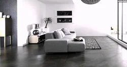 Living room design with gray tiles on the floor