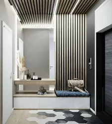 Wooden slats on the wall in the interior photo hallway