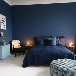 Серо синие обои в интерьере спальни