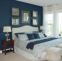 Gray blue wallpaper in the bedroom interior