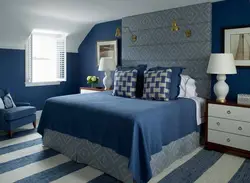 Gray blue wallpaper in the bedroom interior