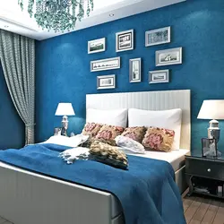 Gray blue wallpaper in the bedroom interior