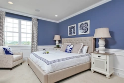 Gray blue wallpaper in the bedroom interior