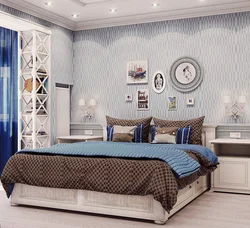Gray blue wallpaper in the bedroom interior