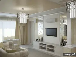 Living room with wall-to-wall mirror photo