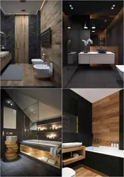 Bathroom design with dark tiles and wood