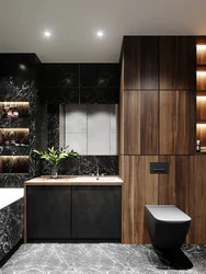 Bathroom Design With Dark Tiles And Wood