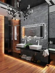 Қара плиткалар мен ағаштан жасалған ванна бөлмесінің дизайны