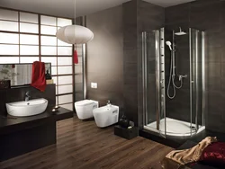 Photo of a bathroom with a black shower