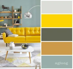 Combination of yellow with other colors in the living room interior