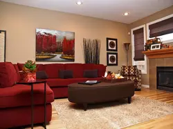 Living room interior with burgundy furniture
