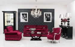 Living room interior with burgundy furniture
