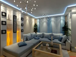 Lighting design for suspended ceilings in the living room in a modern style photo