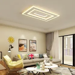 Дизайн освещения натяжных потолков в гостиной в современном стиле фото
