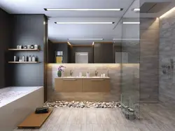 Light porcelain tiles in the bathroom interior photo