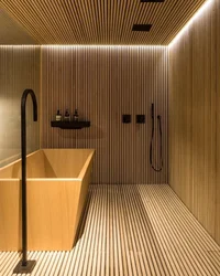 Wooden Slats In The Bathroom Interior