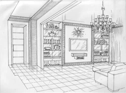 Living room interior pencil drawing