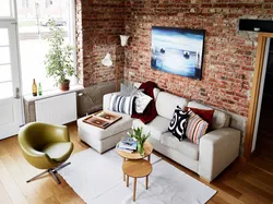 Living room with brick wallpaper photo