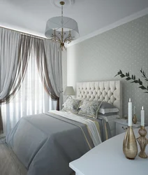 Curtains in a gray and white bedroom interior