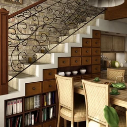 Дизайн кухни в своем доме с лестницей на второй этаж