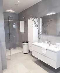 Gray walls and white floor in the bathroom photo
