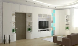 Living room interior design with corner wardrobe