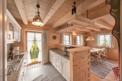 Kitchen living room in a wooden house real photos
