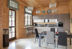 Kitchen living room in a wooden house real photos