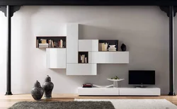 Photos of living rooms with hanging shelves